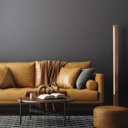 LED-puinen lattiavalaisin Teo, pähkinä, 120 cm, kosketusdimmeri