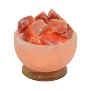 Suolakristallilamppu, pyöreä kuppi, puinen jalusta, meripihka