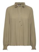 Pleated Georgette Tie-Neck Blouse Tops Blouses Long-sleeved Green Laur...