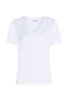 Linen Blend V-Nk Top Ss Tops T-shirts & Tops Short-sleeved White Calvi...