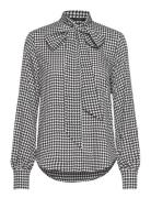 Houndstooth Crepe Tie-Neck Shirt Tops Blouses Long-sleeved Black Laure...