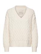 Textured Cotton V-Neck Tops Knitwear Jumpers Cream GANT