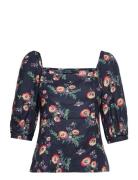 Floral Linen Blouson-Sleeve Blouse Tops Blouses Short-sleeved Multi/pa...