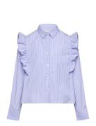 Ruffled Cotton Shirt Tops Shirts Long-sleeved Shirts Blue Mango