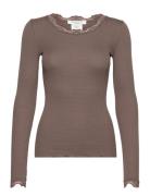 Silk T-Shirt W/ Lace Tops T-shirts & Tops Long-sleeved Brown Rosemunde