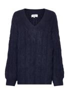 Cable Knit V-Neck Tops Knitwear Jumpers Navy Rosemunde