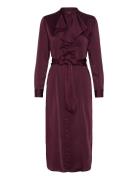 Ruffle-Trim Satin Charmeuse Shirtdress Polvipituinen Mekko Burgundy La...