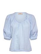 Mmtaissa Linen Blouse Tops Blouses Short-sleeved Blue MOS MOSH