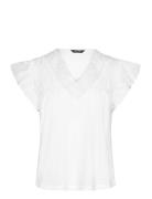 Lace-Trim Jersey Flutter-Sleeve Tee Tops Blouses Short-sleeved White L...