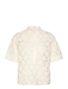 Openwork Floral Textured Shirt Tops Shirts Short-sleeved Cream Mango