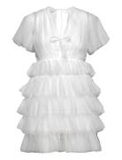 Deep V-Neck Tulle Dress Lyhyt Mekko White Bubbleroom