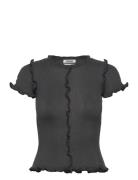 Frill-Edge Ribbed Knitted Top Tops T-shirts & Tops Short-sleeved Grey ...