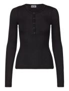 Sheer Rib Long Sleeve Henley Top Tops T-shirts & Tops Long-sleeved Bla...