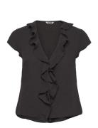Frilled Tie-Front Top Tops Blouses Short-sleeved Black Weekday