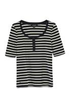 Striped Elbow-Sleeve Henley Top Tops T-shirts & Tops Short-sleeved Bla...