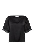 Rwsatina Ss Lace Boatneck Blouse Tops Blouses Short-sleeved Black Rose...